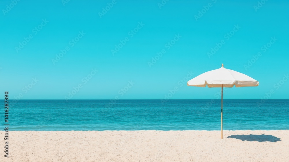 Serene Beach Scene with White Umbrella and Calm Turquoise Waters Under Clear Blue Sky Serene Beach Scene with White Umbrella and Calm Turquoise Waters Under Clear Blue Sky