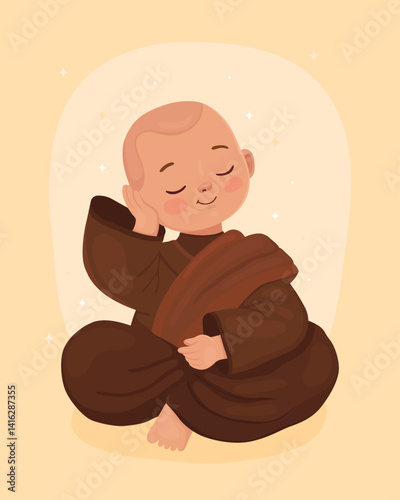 Cute little cartoon monk in meditation pose. Buddhist monk in brown clothes. Thoughtful smiling monk. Сard for Vesak day.	