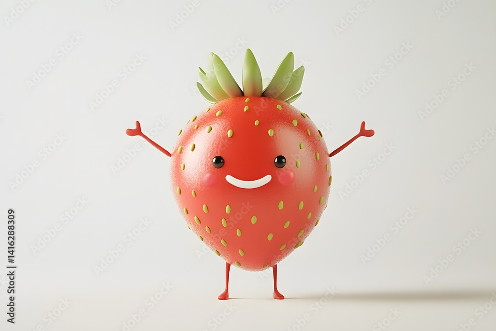 Cute cartoon strawberry character with tiny limbs and cheerful face, isolated on white background, perfect for children content, summer fruit designs, or healthy food themes.