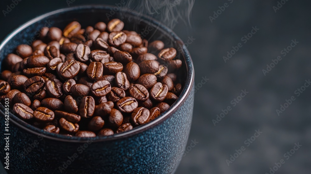 Fototapeta premium Freshly Roasted Coffee Beans in Dark Ceramic Cup with Steam Rising, Perfect for Beverage and Culinary Projects