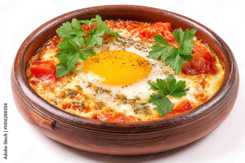 Shakshuka Delight Tasty Egg Cooked in Tomato Sauce in Brown Bowl Garnish with Green Parsley Isolated White Backdrop Studio Shot Shakshuka Delight Tasty Egg Cooked in Tomato Sauce in Brown Bowl Garnish with Green Parsley Isolated White Backdrop Studio Shot