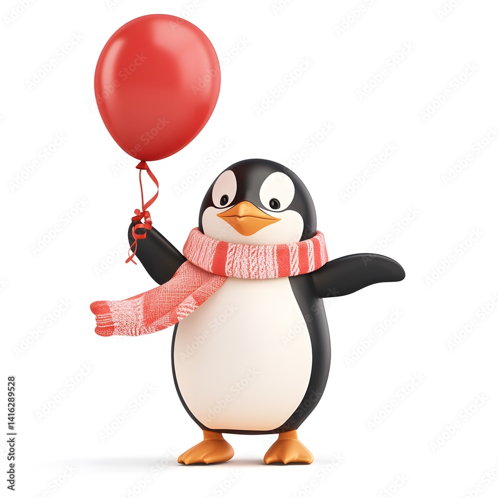 Happy cartoon penguin character standing on white background, holding bright balloon and wrapped in cozy scarf, perfect for winter themes, kids graphics, playful seasonal content.