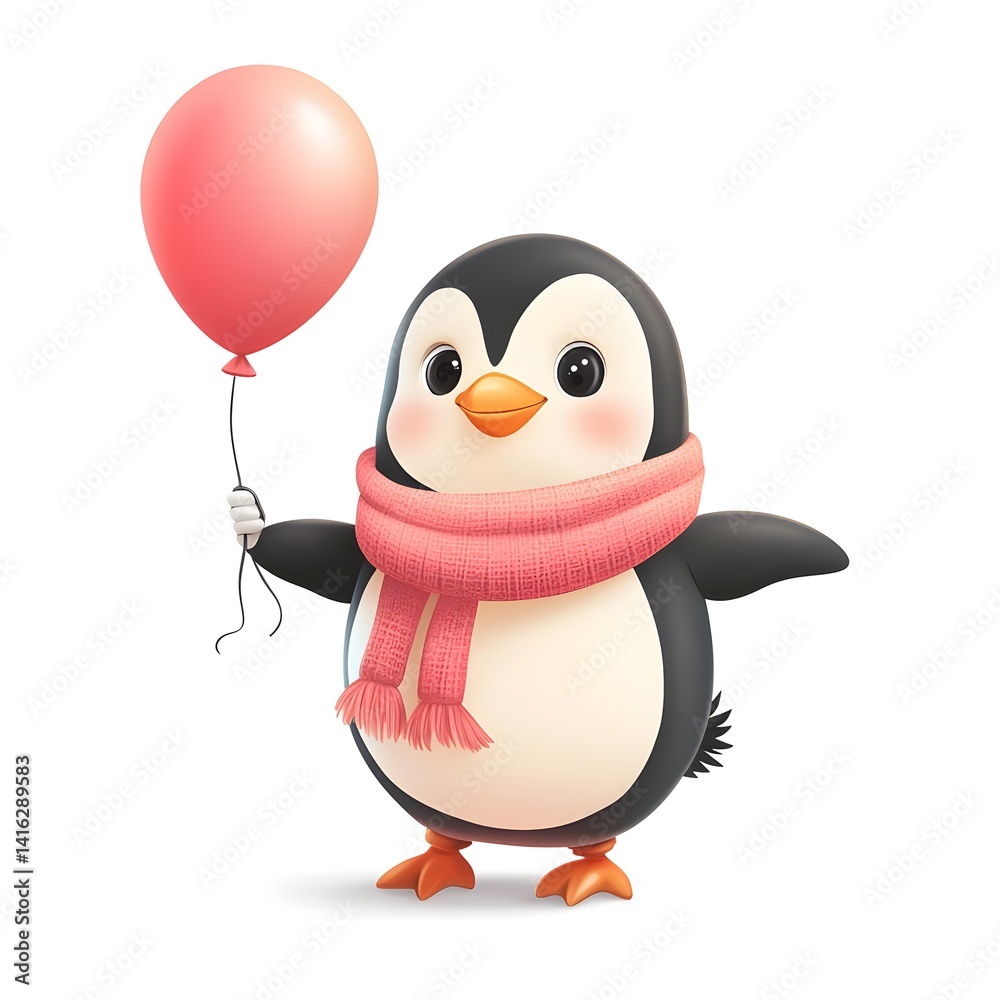 Fototapeta premium Happy cartoon penguin character standing on white background, holding bright balloon and wrapped in cozy scarf, perfect for winter themes, kids graphics, playful seasonal content.