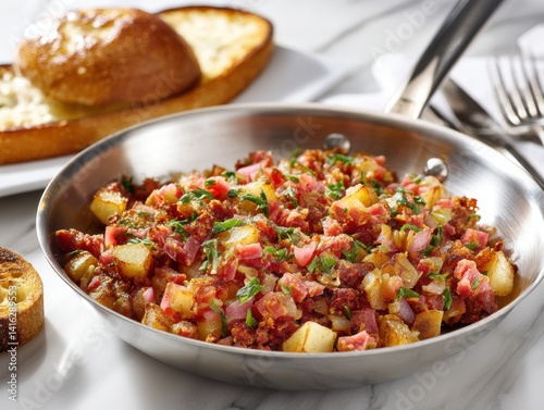Delicious homemade corned beef hash in skillet breakfast food golden brown toast for classic dish