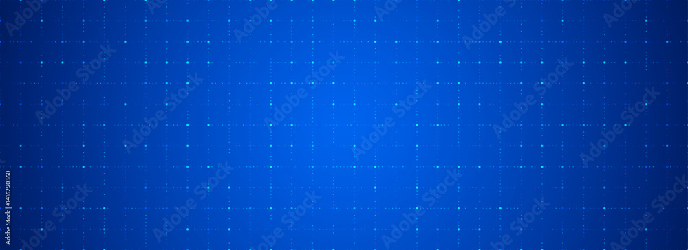 Blue glowing dot grid background. Dotted tech square network backdrop. Abstract checkered dashboard pattern for science, technology, business, healthcare, medicine design template. Vector wallpaper