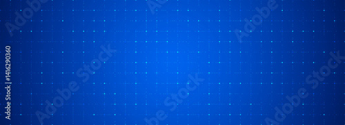 Blue glowing dot grid background. Dotted tech square network backdrop. Abstract checkered dashboard pattern for science, technology, business, healthcare, medicine design template. Vector wallpaper
