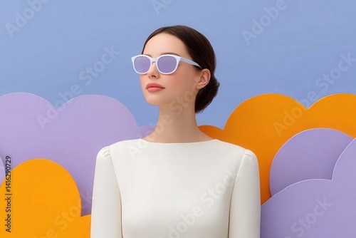 Fashionable woman in sunglasses against colorful background studio portrait trendy