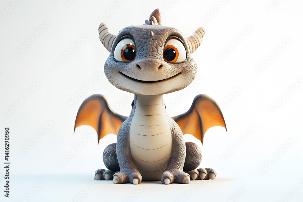 Adorable cartoon dragon with tiny wings and big round eyes, sitting calmly and smiling on white background, perfect for fantasy themes, children illustrations, cute mythical creature designs.