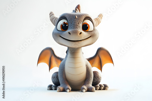 Obraz na płótnie Adorable cartoon dragon with tiny wings and big round eyes, sitting calmly and smiling on white background, perfect for fantasy themes, children illustrations, cute mythical creature designs. w salonie
