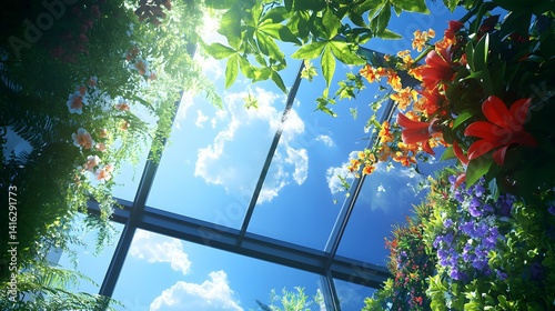 A visually dynamic scene of a glass office where the vibrant greens of leaves, the colorful blooms of flowers, and the deep blue of a cloudless sky interact harmoniously