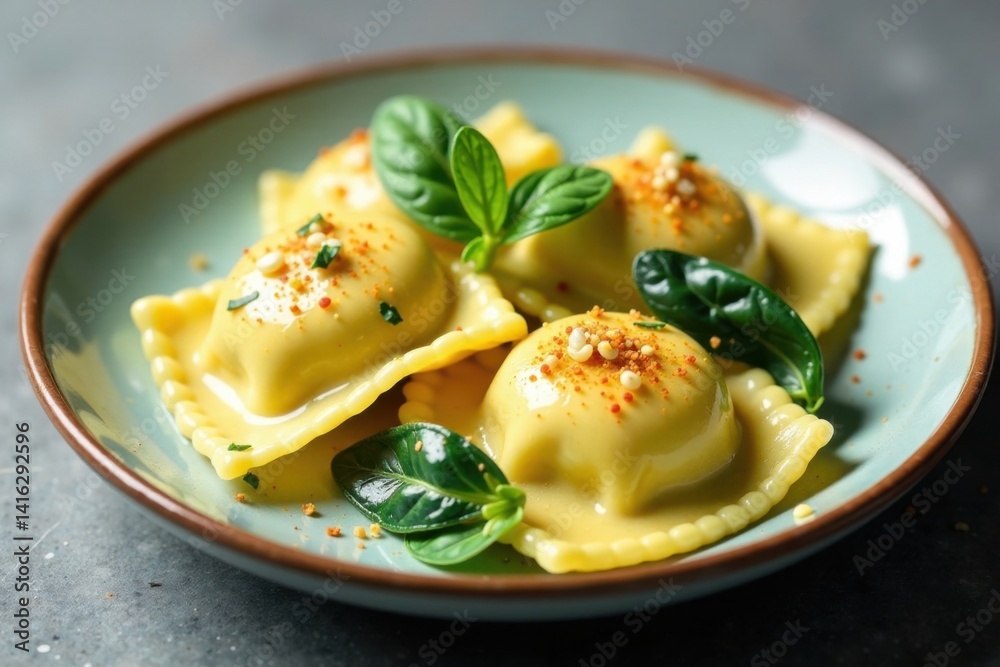 Ravioli with creamy spinach and ricotta filling on a plate, tomato sauce, ravioli, parmesan Ravioli with creamy spinach and ricotta filling on a plate, tomato sauce, ravioli, parmesan