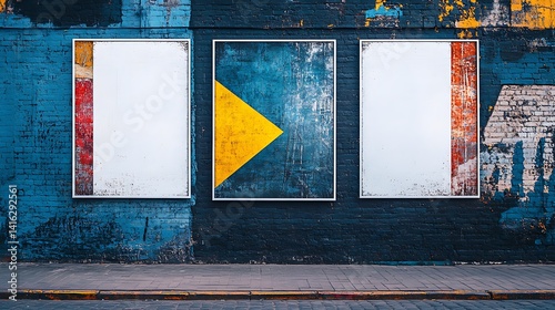 3 white blank posters on a wall, in a street art style with a black and blue background, 