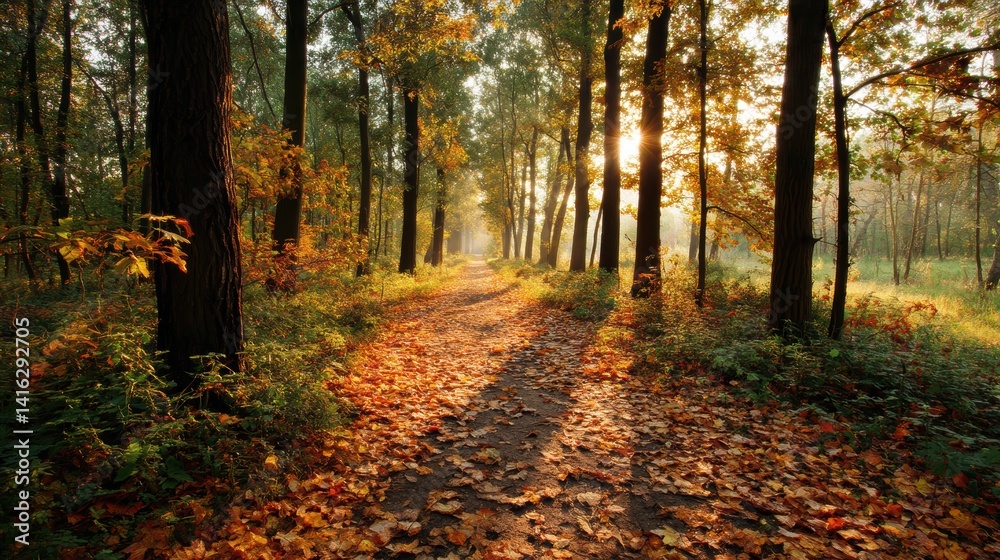Obraz premium Forest Path in Autumn with Golden Sunlight Filtering Through Trees Tranquil Scene Nature Photography