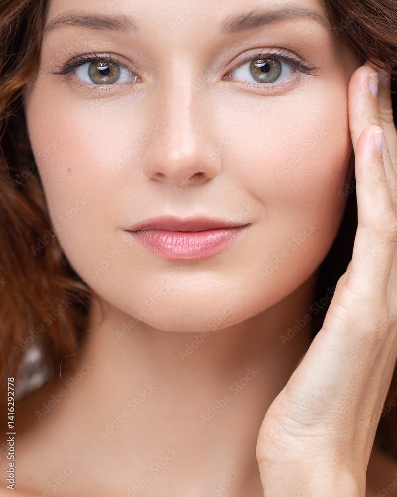 Fototapeta premium Natural beauty close-up of a young Caucasian woman with clear skin, minimal makeup, and soft expression gently touching her face. Ideal for skincare, beauty, and wellness concepts.