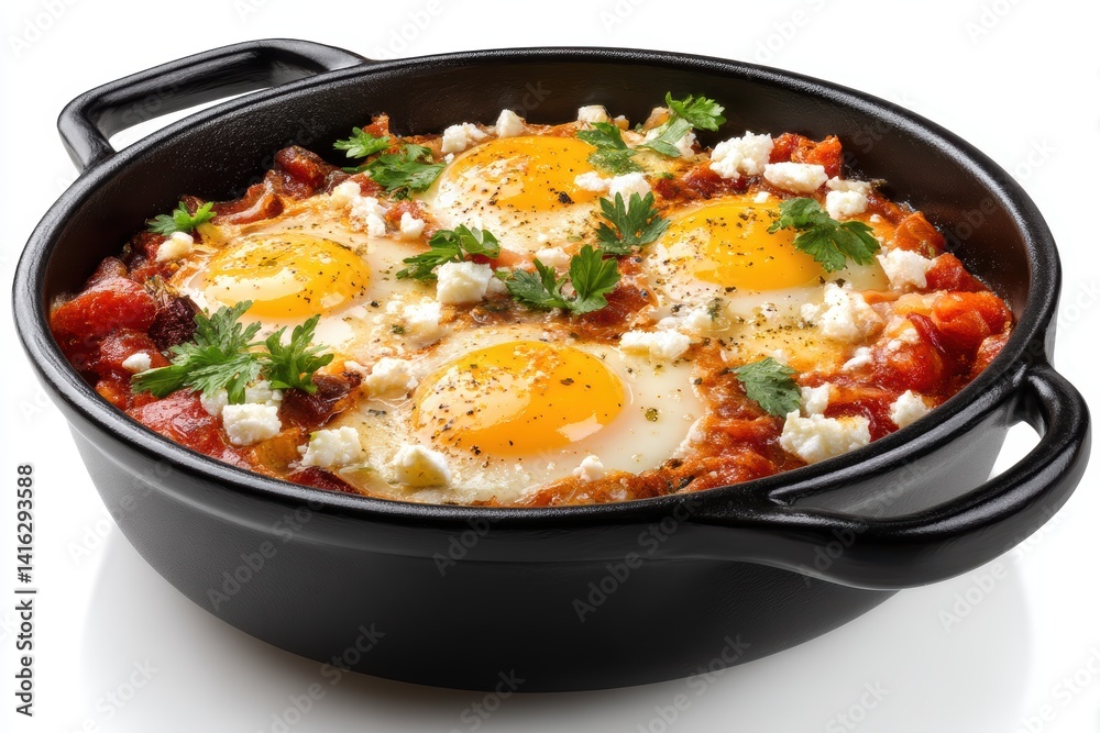 Delicious Shakshuka with Sunny Side Up Eggs in Tomato Sauce and Feta Cheese Herbs Garnished Breakfast Idea Rustic Style Perfect Recipe