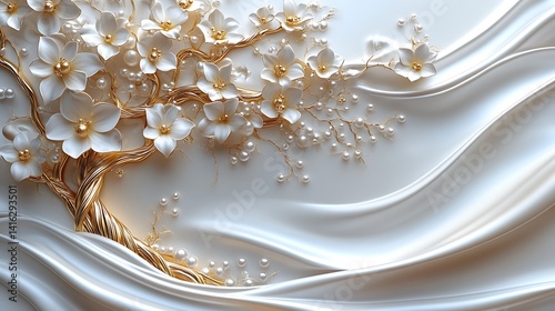 3D background with white silk and a golden tree of life, pearls, flowers, golden swirls, a white floral design, and a white wall mural