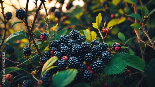 Blackberry bush with ripening fruit growing in the summer sunlight