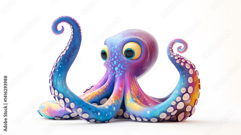 Cute cartoon octopus character waving one tentacle with big smile, set against white background with bright colors, great for children designs, ocean themes, and marine illustration projects.