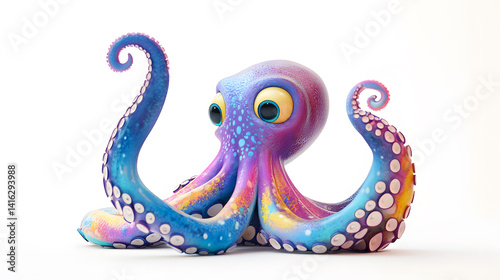 Obraz na płótnie Cute cartoon octopus character waving one tentacle with big smile, set against white background with bright colors, great for children designs, ocean themes, and marine illustration projects. w salonie