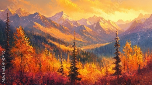 Majestic Autumn Landscape with Vibrant Colors, Rocky Mountains Under Golden Sunset, Pine Trees and Colorful Foliage in a Tranquil Nature Setting