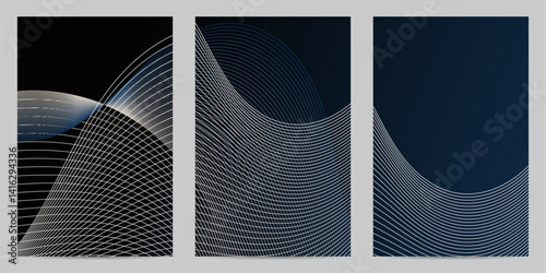 Three abstract vector graphic designs in different shades of blue and black. Each image features fine, curved lines, creating a sense of depth and movement, likely used for background visuals.