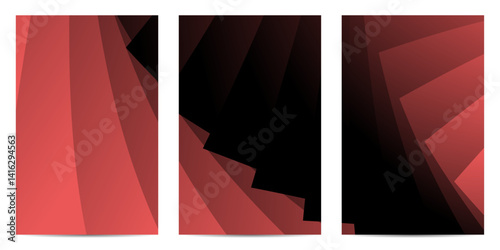 Three images of stacked gradient layers in varying shades of red and black form a visually interesting graphic. The gradient effect creates a sense of depth.