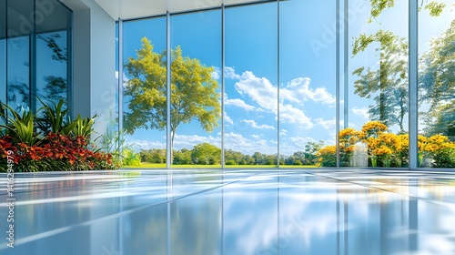 A modern office made entirely of clear glass, showcasing stunning reflections of the blue sky, surrounding trees, and vibrant flowers, with sunlight creating shimmering light patterns on the floor