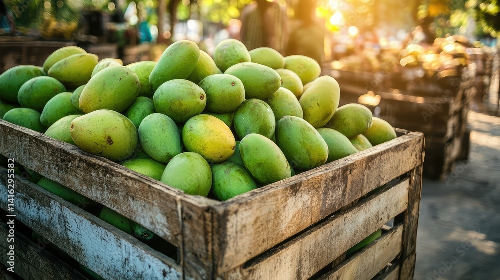 Fresh Green Mangoes in Wooden Crates at Local Market During Sunny Day with Blurred Background of Trees and Produce Stalls Enhancing Vibrant Market Atmosphere Fresh Green Mangoes in Wooden Crates at Local Market During Sunny Day with Blurred Background of Trees and Produce Stalls Enhancing Vibrant Market Atmosphere