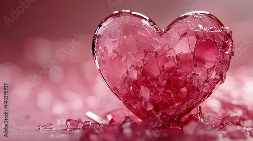 3D heart made of glass shattering into pieces, pink background,
