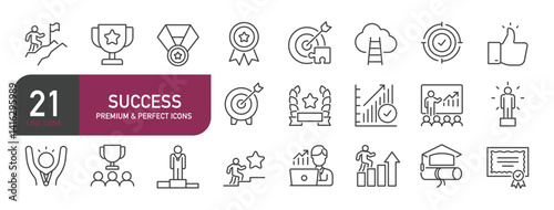 Set of line icons related to success, reward, achievement, goal. Outline icons collection. Editable stroke. Vector illustration