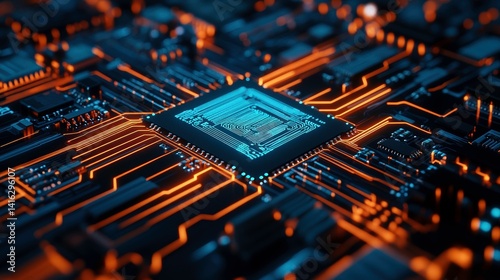 Close up view of a circuit board with glowing orange and blue pathways, a central processor chip with a soft blue glow, and a dark background. The image has a technological and futuristic feel