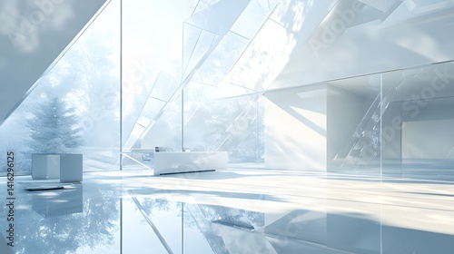 A futuristic glass office bathed in soft natural daylight, with strategically angled panels to maximize light dispersion and minimize shadows