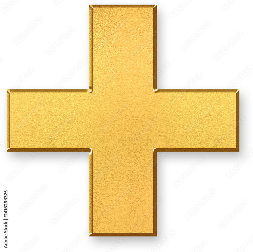 Fototapeta premium Gold Plus Sign Icon – 3D Glossy Golden “+” Symbol with Metallic Shine and Shadowed Style for Addition, Positive Value, Increases, List Expansion, and Mathematical or Interactive Elements