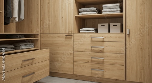 Modern Light Wood Walk-in Closet Design - Organized walk-in closet with light wood cabinets, drawers, and shelves, showcasing efficient storage solutions