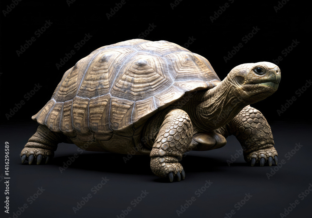 Obraz premium Realistic tortoise on a dark background, showcasing detailed shell textures and natural posture