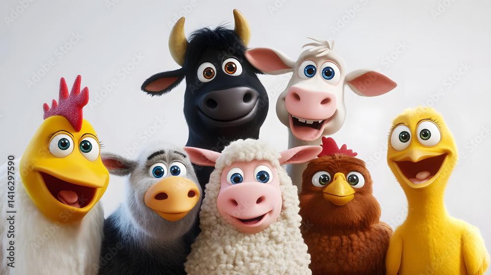 Cartoon group of smiling farm animals including cow, sheep, and chicken, posed together on white background, ideal for fun children illustrations, barnyard scenes, rural-themed designs.