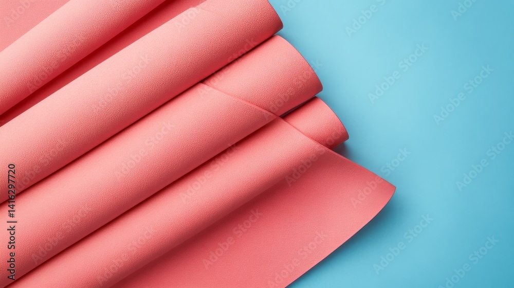 Obraz premium Overhead view of coral pink eco-friendly yoga mat arranged diagonally across frame, matte finish contrasting against powder blue seamless backdrop, cinematic lighting emphasizing material textures,