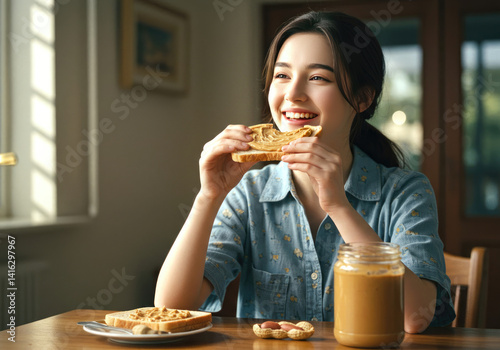 Young woman enjoying peanut butter toast at a sunlit kitchen table with a cozy atmosphere