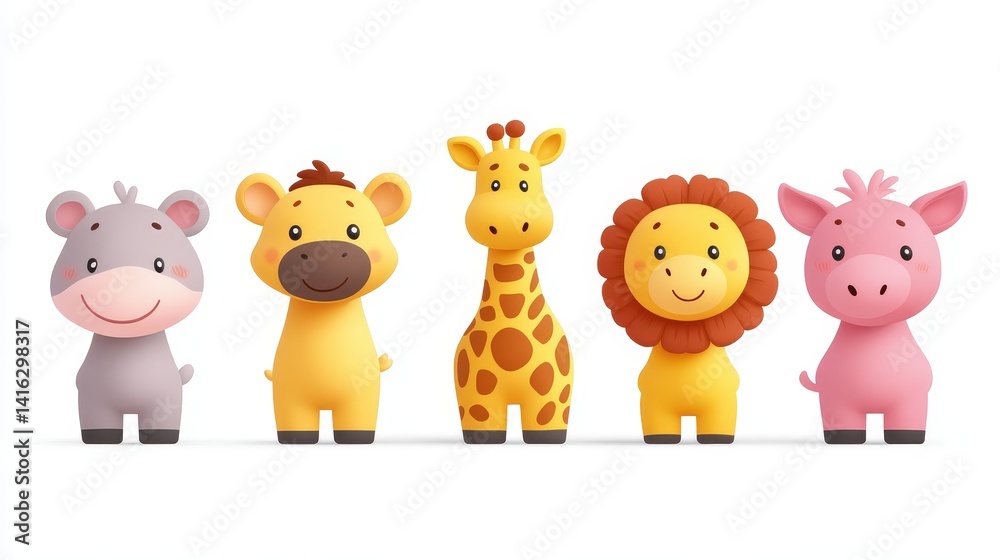 Fototapeta premium Adorable 3D pixelated cartoon animals hippo tiger giraffe lion pig standing in a row on a white background for children's education and entertainment