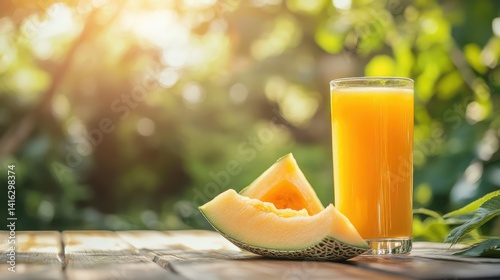 Refreshing glass of melon juice beside fresh melon slices on wooden table with a blurred natural background of greenery and soft sunlight, perfect for summer beverage scenes
