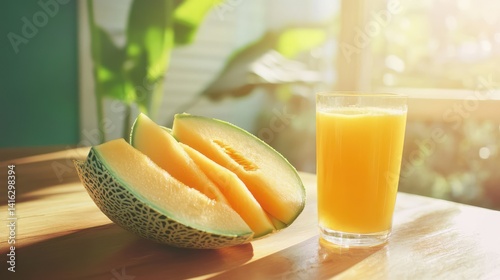 Freshly Cut Melon Slices Next to a Glass of Juice with Sunlight Streaming Through a Window, Creating a Warm and Inviting Atmosphere for a Delicious Snack