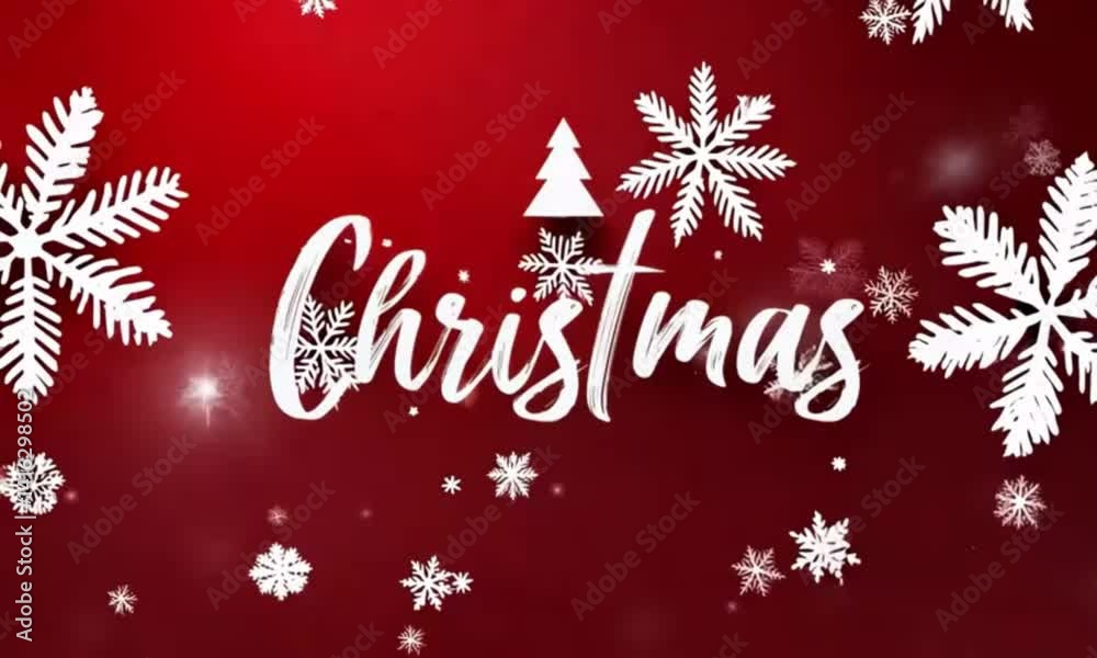 A simple design featuring the word 'Christmas' in white cursive on a bright red background. A small Christmas tree icon and snowflakes add festive elements.