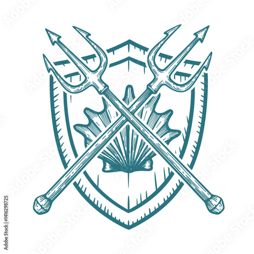 crossed tridents shield with a seashell, sea emblem design sketch