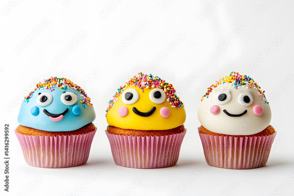 Three cartoon cupcakes with smiling faces and colorful sprinkles arranged neatly in row on clean white background, perfect for bakery themes, playful dessert art, sweet character designs.