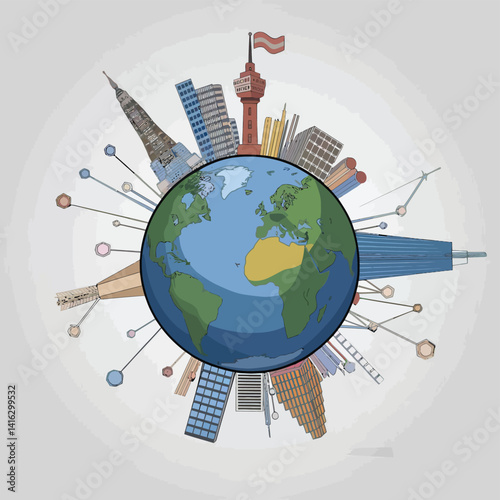 Earth's Wonders in 2D Vector Art. A Towering Tribute to World Attractions and Architectural Marvels
