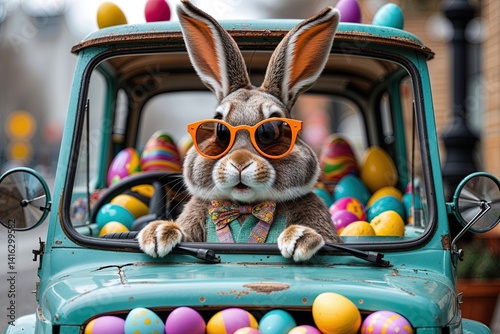 Fun-loving Easter Bunny in Quirky Sunglasses Sitting in a Charming Vehicle Filled with Eggs