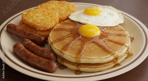 Wallpaper Mural Delicious breakfast plate featuring pancakes, eggs, hash browns and sausage Torontodigital.ca