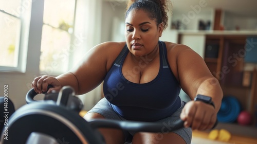 Full-figured athlete in navy sports bra and gray moisture-wicking shorts doing cardio on premium exercise bike, cozy apartment setting with yoga mat and resistance bands visible, smartwatch tracking