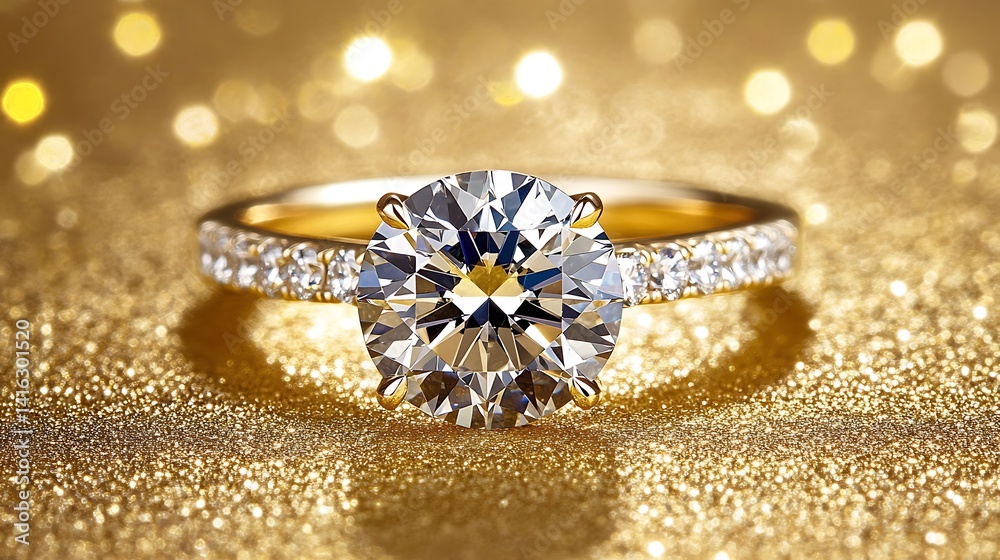 Fototapeta premium Sparkling Diamond Engagement Ring on Golden Glitter Background