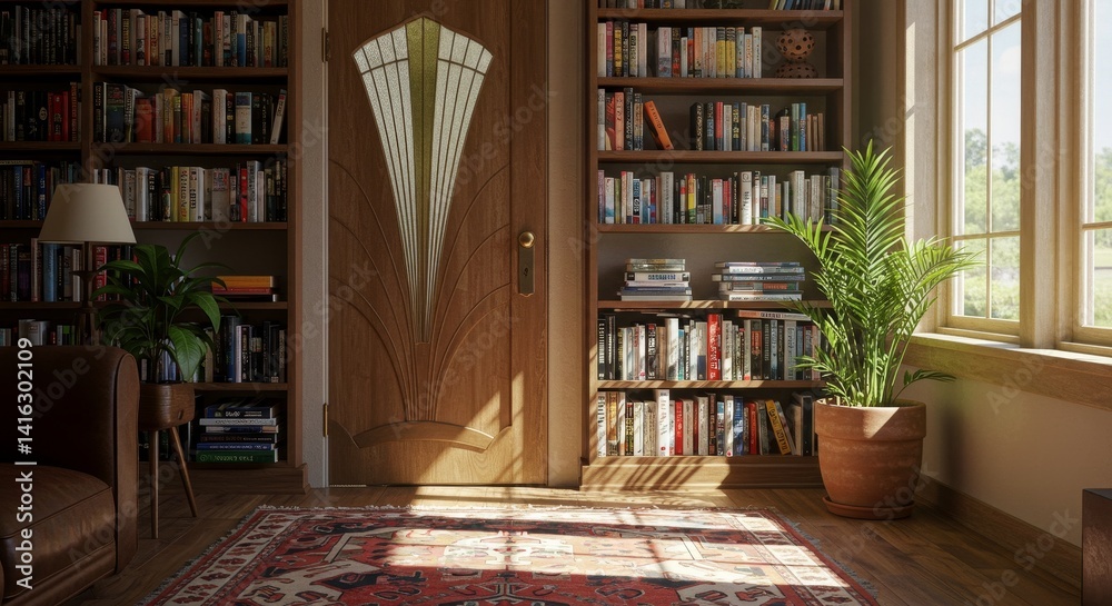 Fototapeta premium Sunlit Library Interior - A sun-drenched library with bookshelves, a wooden door, and a potted plant. Warm and inviting atmosphere